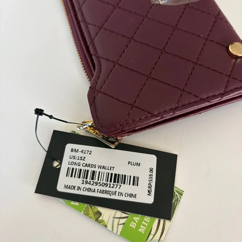 Badgley Mischka Long Card Wallet‎ Quilted Plum Gold BM Logo NWT Old Money Glam